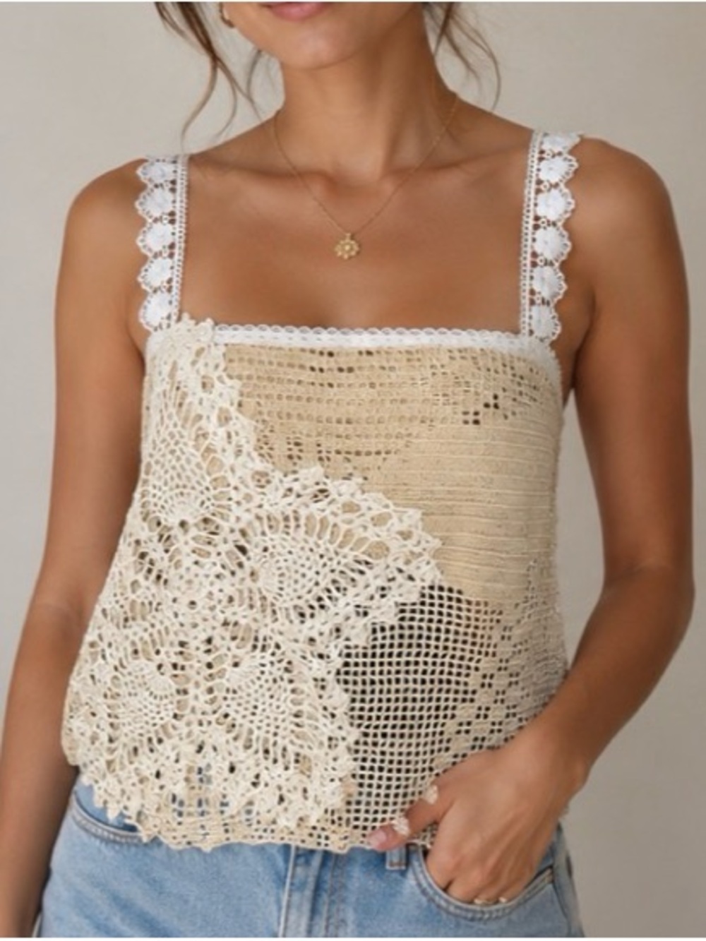Cream Crochet Lace-Trim Camisole